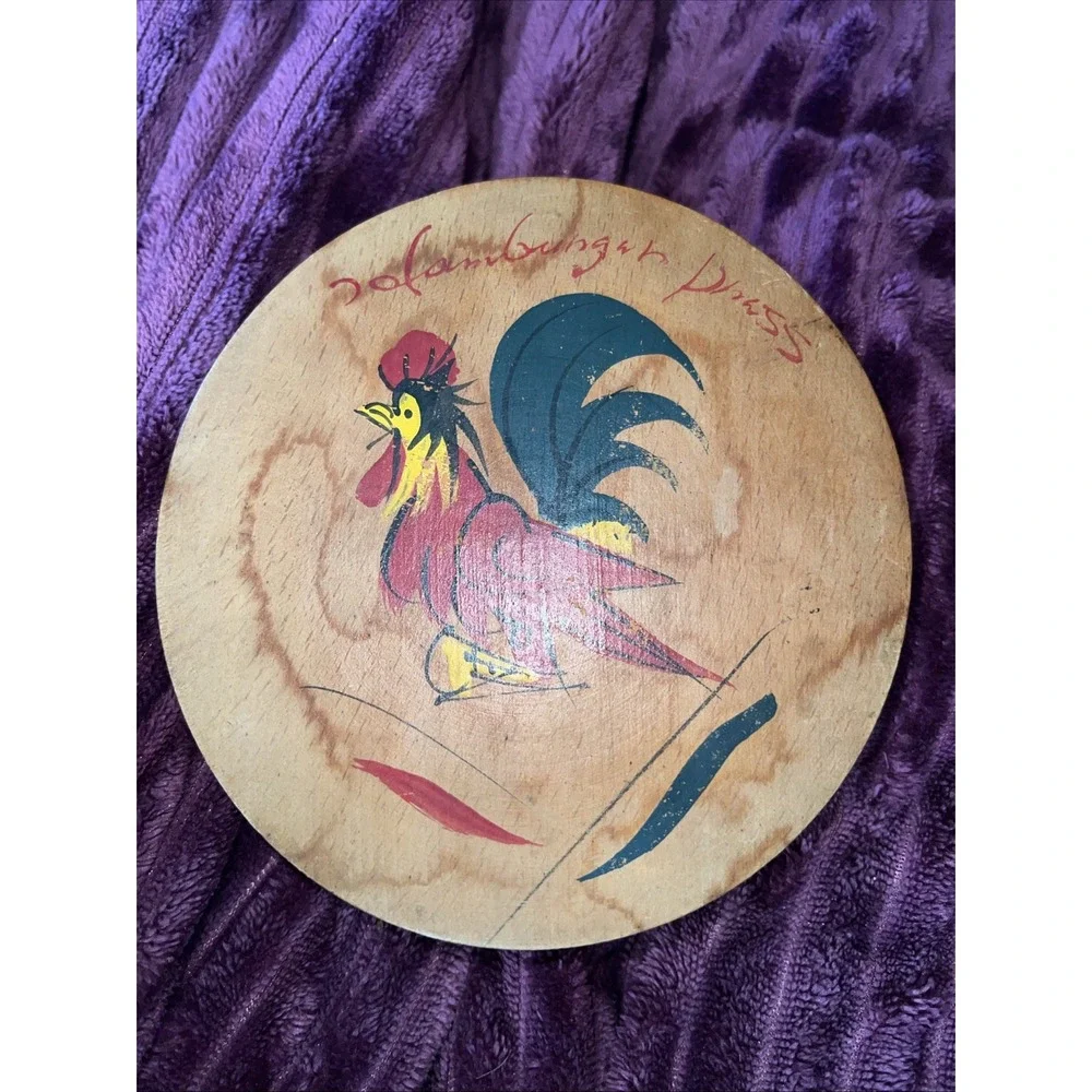Vintage Wooden Salt & Pepper Shaker Set & Hamburger Press-Hand Painted Roosters